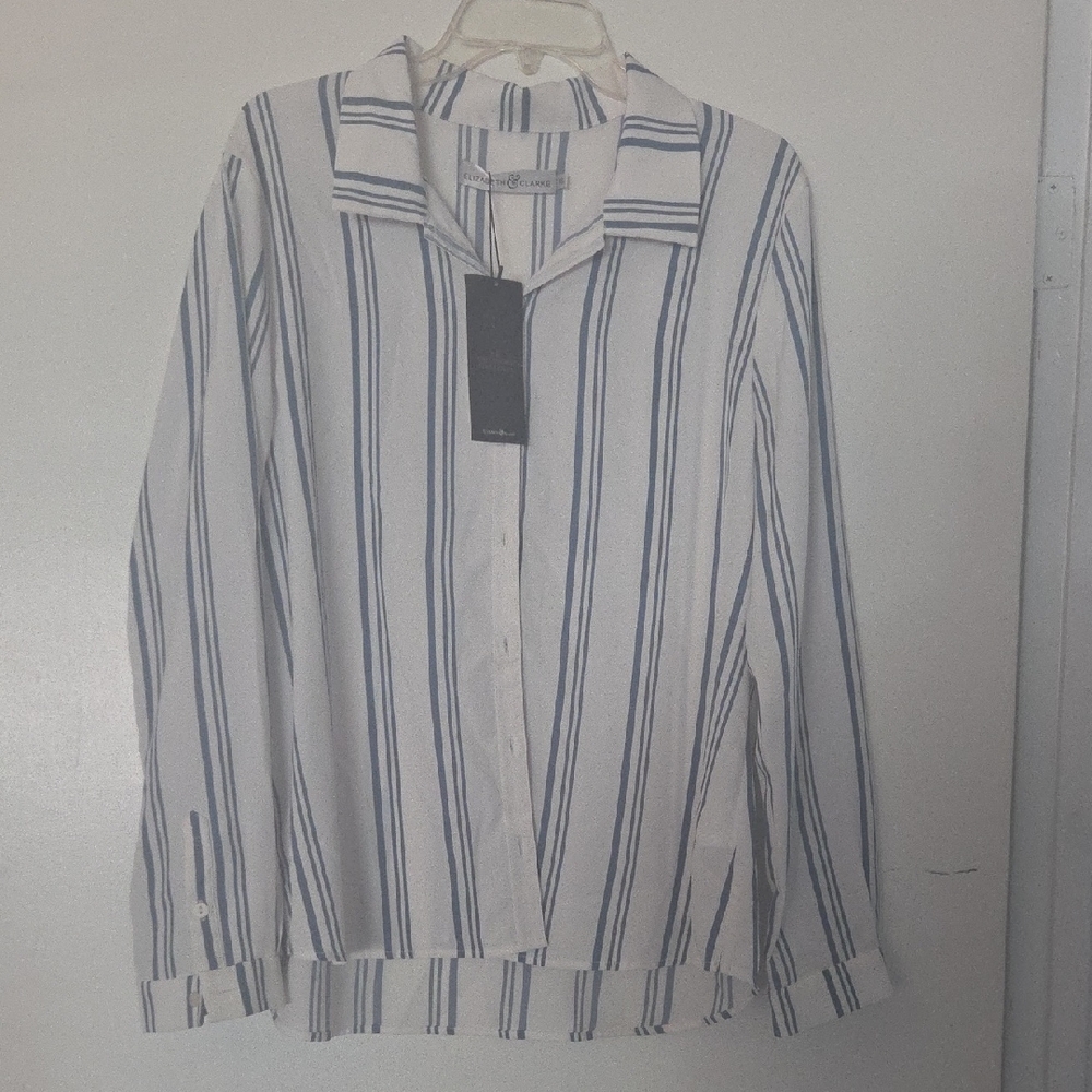 Vertical Stripe Button-Front Blouse in White and Blue